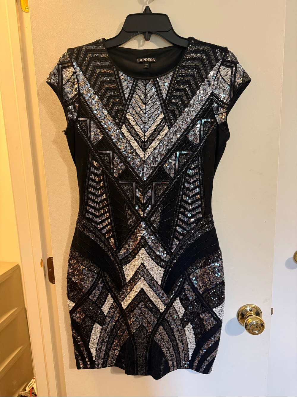 Express Black Sequin Mini Dress with Silver Accents